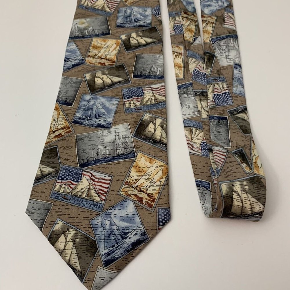 Mens Silk Necktie Americana For Dillards Series Vintage Sail Boats 1850-1900 EUC